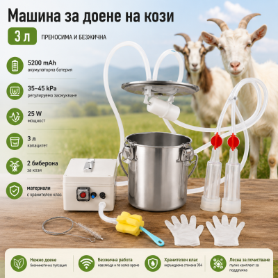 Акумулаторна доилна машина за кози 3 л – 5200 mAh, Inox 304, 2 чашки и регулируем вакуум