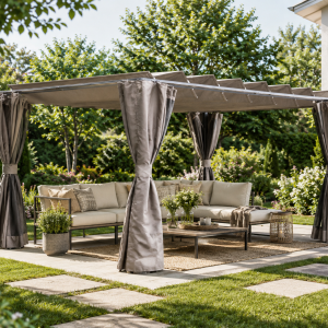 Verona Pergola 3x4 – Луксозна градинска пергола цвят орех с завеси и комарници