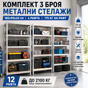 Комплект 3 броя метални стелажи 180×90×40 см – 12 рафта, до 2100 кг обща товароносимост