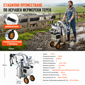 Електрическа доилна машина 25 л – 900 W, Inox 304, вакуумна пулсация и 4 чашки