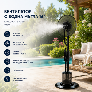 Вентилатор с водна мъгла Muhler MF-1609RC 16" – 75W, LED дисплей и дистанционно управление