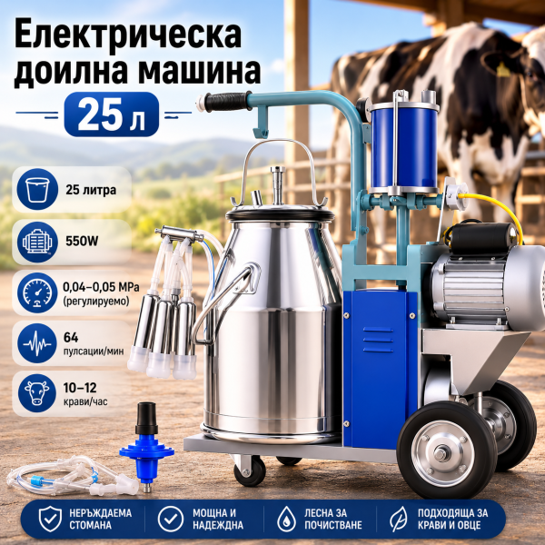 Електрическа доилна машина 25 л – 550 W, Inox 304, за крави, кози и овце