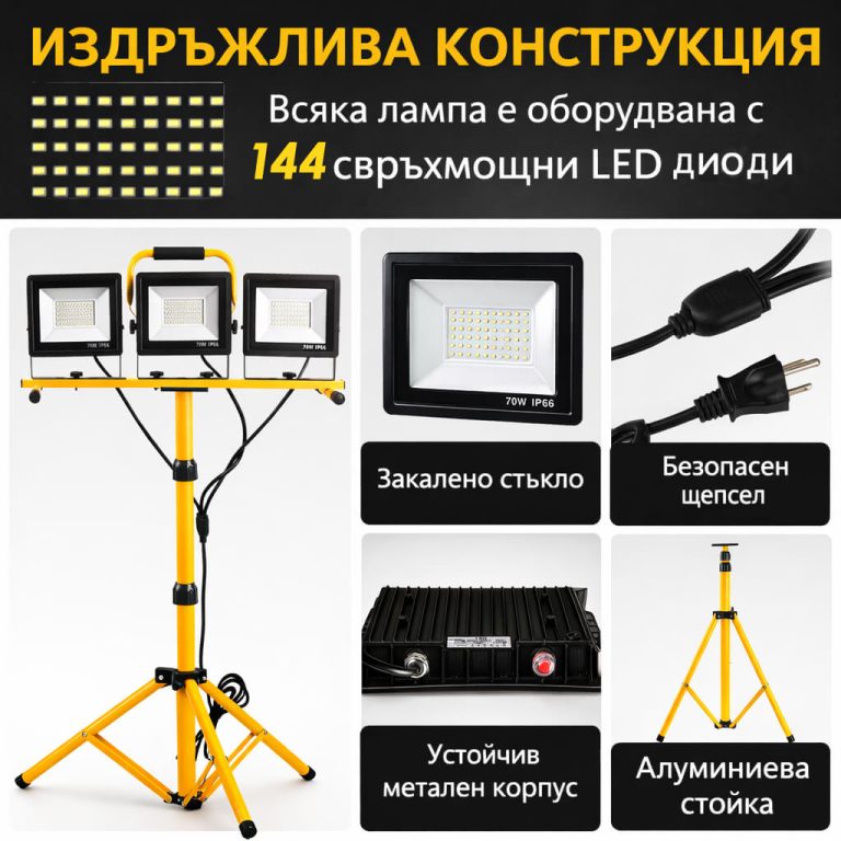 Троен LED прожектор на статив 30000 lm – строителна лампа 220V ПРОДУКТИ Троен LED прожектор на статив 30000 lm – строителна лампа 220V